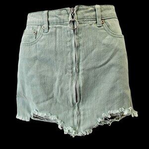 Dance&Marvel Teal Denim Skirt Distressed Asymmetric Hem Full Zip Womens S NEW